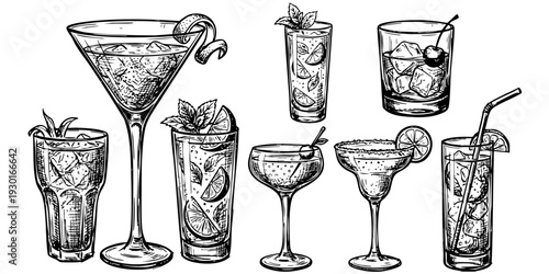 Assorted cocktail glasses and drinks illustration showcasing various beverages, glasses, and garnishes from a direct viewpoint