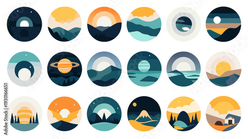 Space Landscapes logo set. Flat geometric nature landscape icons. Travel adventure badge designs. Vector round mountain peak emblems