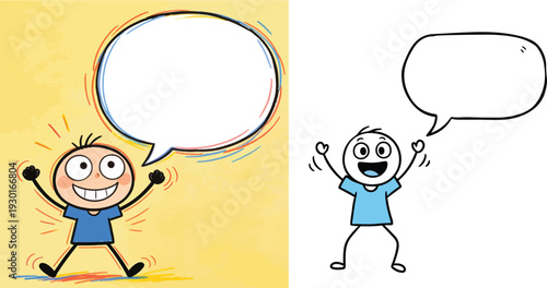 Cheerful Stick Figure with Arms Raised Next to a Large Speech Bubble Ready for Customization and Text.
