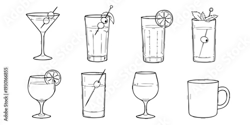 Assorted cocktail glasses and a mug illustrated in simple line art on a clean background from a straightforward viewpoint