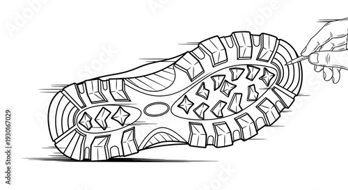 Hiking boot sole detail, close-up sketch of tread pattern and grip