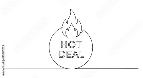 Hot Deal Stamp with Fire Icon, Single Line Art, Sale Promotion Concept