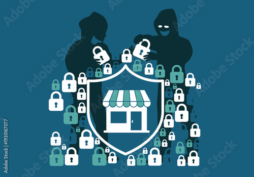 Storefront icon protected by shield and padlocks from hooded thieves