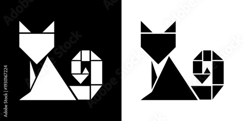 Geometric cat silhouettes in abstract mosaic patterns, a contrasting visual representation of feline elegance and design