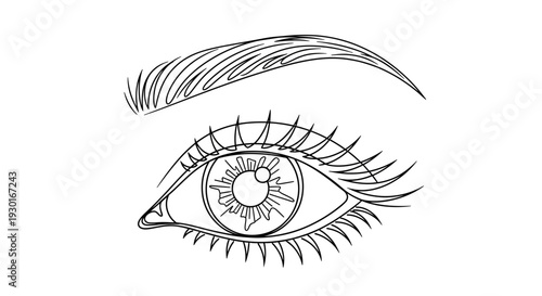 Line Art Drawing of a Human Eye and Eyebrow with Detailed Iris and Eyelashes
