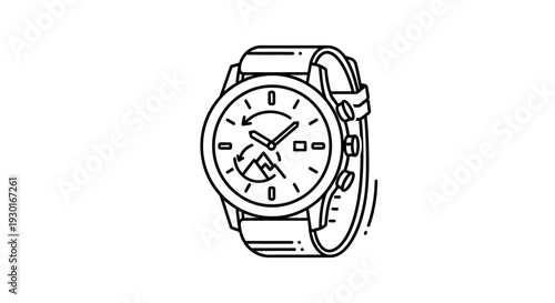 Line Art Icon of a Chronograph Watch with Subdials and Arrows