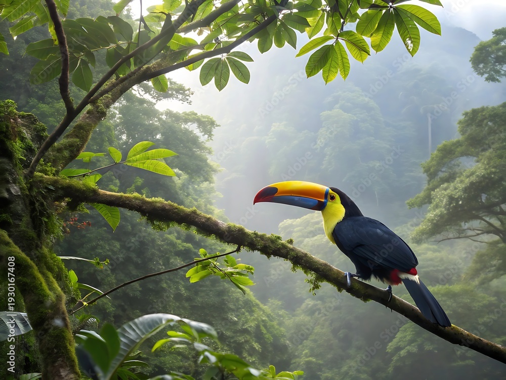 Obraz premium Vibrant toucan perched on a branch in a lush rainforest environment