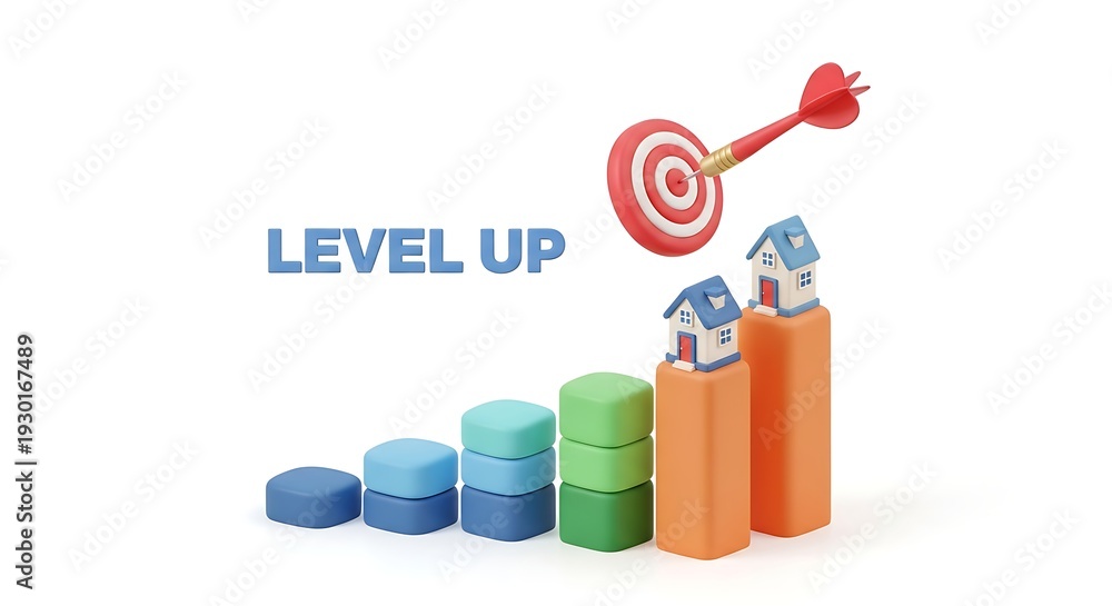 Obraz premium A colorful 3d illustration of a level up concept with coins and a target.