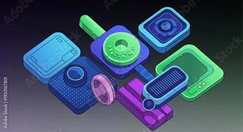 Colorful geometric shapes arranged in a visually appealing composition, abstract design.