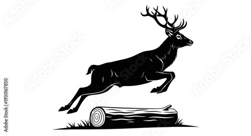 Black Deer Jumping Over Log.