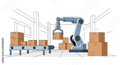 Robotic arm automation in a factory, handling boxes on a conveyor belt, illustrates modern industrial logistics and smart manufacturing for production efficiency