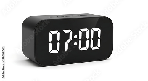 modern digital alarm clock showing 07:00 isolated on white background morning wake up time concept