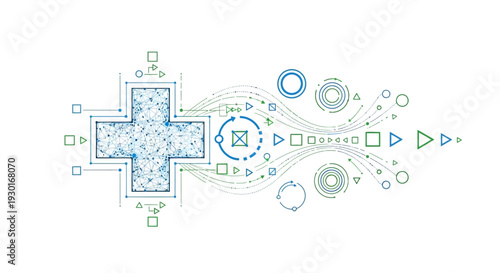 Abstract Digital Health Technology Concept with Interconnected Lines and Geometric Shapes Flowing from a Central Cross Symbol, Representing Data and Innovation