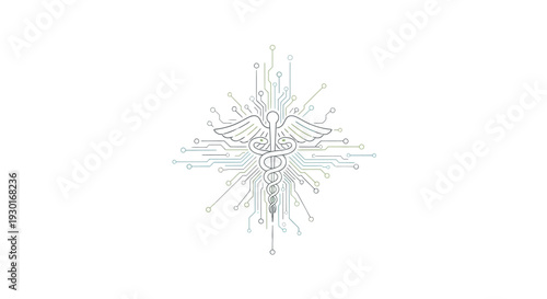 Abstract Caduceus Symbol Composed of Digital Circuitry and Lines on a White Background