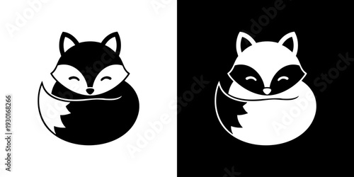Serene raccoon face curled up in slumber, depicted in dual tone illustrations on contrasting backgrounds from a front viewpoint