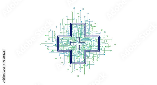 Abstract graphic illustration of a medical cross symbol intertwined with a complex digital network, symbolizing interconnected health technology and modern medical advancements for future healthcare