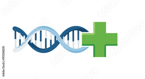 DNA Double Helix with Green Plus Sign, Medical and Scientific Research Concept