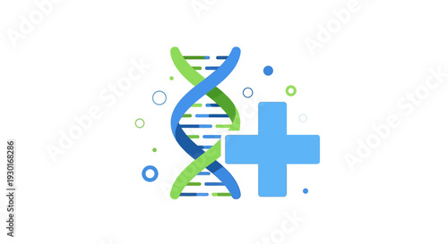 Medical research and development illustration of DNA structure and plus sign