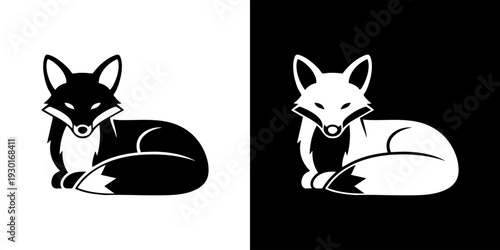 Curled up fox illustration in black and white, viewed from a close-up perspective, showcasing animal details