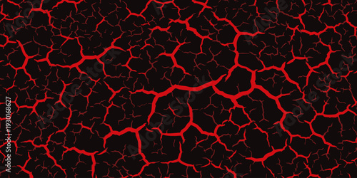 Network of red cracks spreading across a dark surface viewed from directly above showcasing abstract patterns and textures