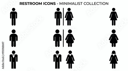 Minimalist black restroom icons with male and female figures including executive manager suit variations, concept for corporate wayfinding, office navigation and facility branding