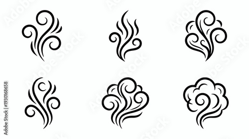 Collection of six black swirl line icons representing smoke or steam trails on a white background, concept for food aroma packaging, spa relaxation atmosphere and creative graphic design