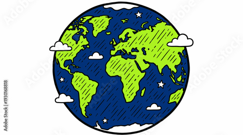Hand drawn sketch of planet earth globe with green continents and blue oceans isolated on white background, concept for environmental care, global sustainability and geography education