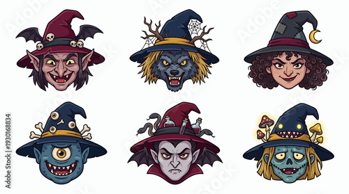 Collection of creepy cartoon monster head avatars wearing witch hats featuring vampire zombie and werewolf, concept for halloween party decorations, spooky stickers and avatar icons