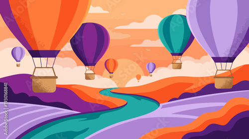 colorful hot air balloons floating over winding river landscape at sunset with orange sky and rolling hills, concept for travel promotion, vector background and seasonal advertisement