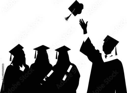 Graduation celebration silhouette five graduates tossing caps in air