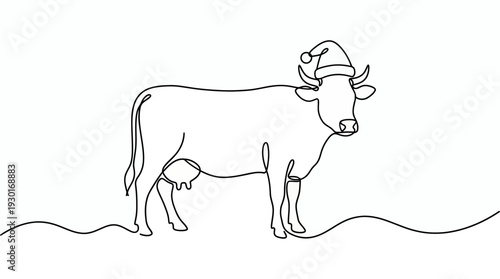 Minimalist continuous line drawing of a cow wearing a Santa hat on white background, concept for Christmas greeting card, holiday farm promotion and creative winter seasonal decoration