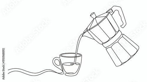 One continuous line drawing of a moka pot pouring fresh coffee into a small espresso cup isolated on white background, concept for minimalist cafe branding, morning routine blog and decor