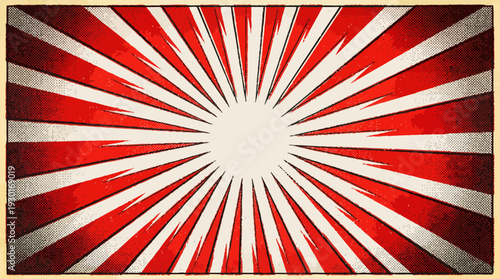 Abstract red and beige comic book sunburst background with radial lines and halftone dot texture in vintage pop art style, concept for graphic design, advertising promotion and creative posters