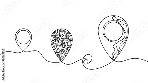 Continuous one line drawing of three different map pin icons representing navigation and tracking, concept for travel planning, logistics navigation and digital mapping interface