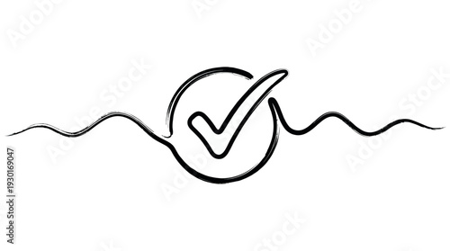 Black hand drawn brush stroke check mark icon with wavy line on white background, concept for business verification, project completion and quality assurance