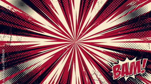 Vintage comic book style background with red and cream radial zoom lines halftone dots and BAM text, concept for pop art poster, dynamic action background and creative advertisement design