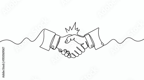 Continuous one line drawing of two corporate executive hands shaking in agreement on white background, concept for business partnership, professional deal closing and creative collaboration