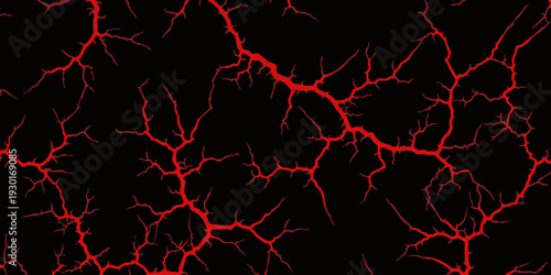 Vibrant red lightning illuminates dark sky with dramatic electrical discharge, viewed from below with intense energy