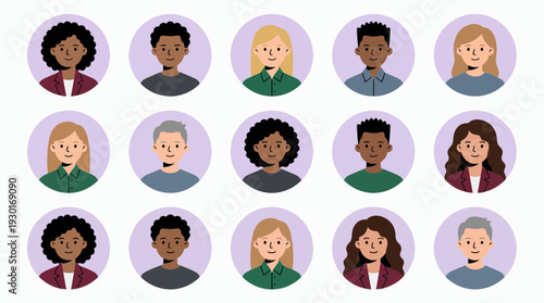 Diverse avatar profile icons representing multiethnic corporate executives, managers and office employees, concept for user interface design, employee directory and recruitment branding