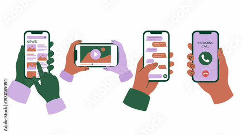 Hands of marketing managers holding smartphones displaying news feed, video player, chat app and incoming call, concept for digital communication, mobile marketing and social media engagement