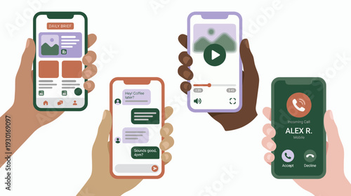 Group of diverse hands holding smartphones displaying news feed, text messages, video player and incoming call, concept for digital communication, mobile app interface and social networking