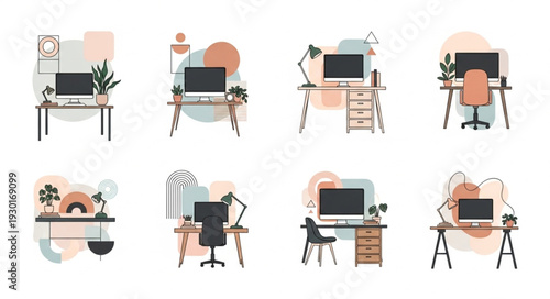 Collection of modern home office desks with computers and accessories.