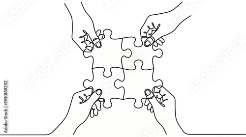 One line drawing of business managers hands assembling puzzle pieces together into a complete unit, concept for corporate collaboration, strategic partnership and problem solving