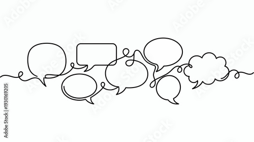 Continuous one line drawing of multiple speech bubbles and thought clouds in various shapes on white background, concept for social media engagement, business communication and creative brainstorming