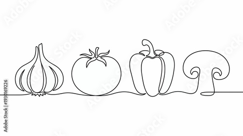 Continuous line drawing of garlic, tomato, bell pepper and mushroom on white background, concept for healthy cooking menu, vegetarian kitchen decor and organic grocery logo branding