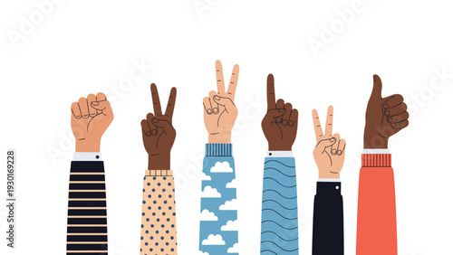 Diversity illustration featuring various hands in different skin tones and sleeves making gestures like peace signs and thumbs up.