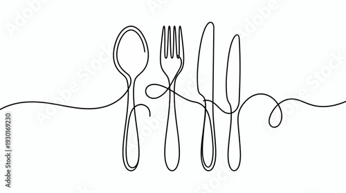 Continuous one line drawing of a spoon fork and knives set against a white background representing minimalist cutlery art, concept for restaurant logo design, dining menu and culinary branding