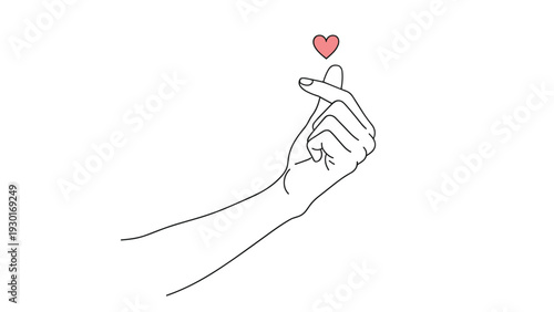 Hand-drawn illustration of a hand making a finger heart gesture with a small red heart floating above it on a white background.