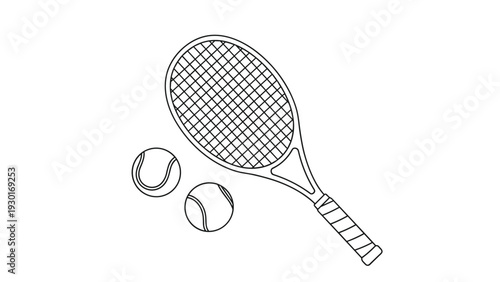 Line drawing of a tennis racket and two tennis balls isolated on a white background representing sports and physical activity.