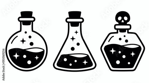 Three magic potion bottle icons in minimalist black and white vector style with bubbling liquid and stars, concept for halloween design, mystical game interface and witchcraft decoration